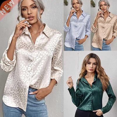 Blouse Women Leopard Print Shirt Work Wear Turn-down Collar