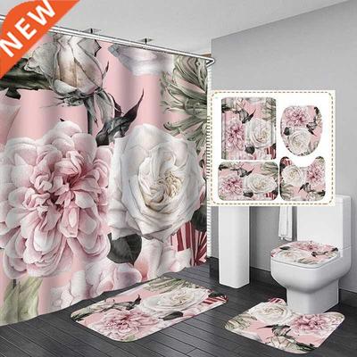 Big Flower Shower Curtain Mat Set with Carpet Bath Screen f