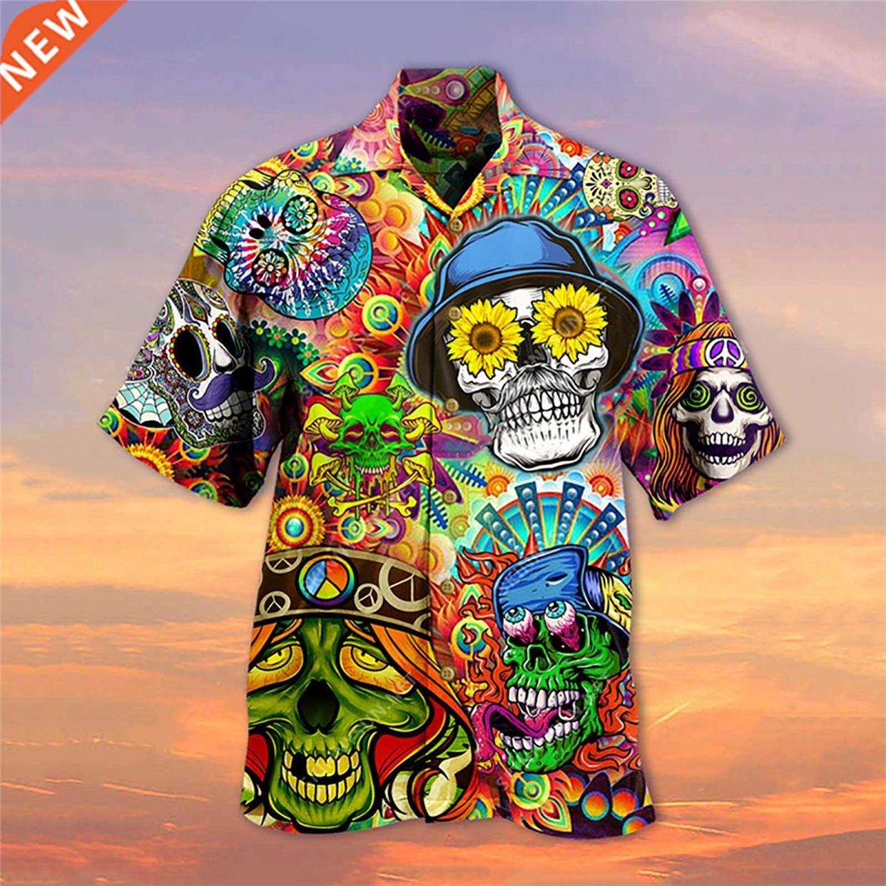 Short Sleeve Shirt Men Summer Skull Loose Baggy Casual Hawai
