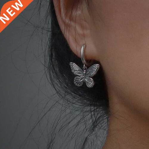 Vintage 90s Butterfly Alloy Silver Color Hoop Earrings For W