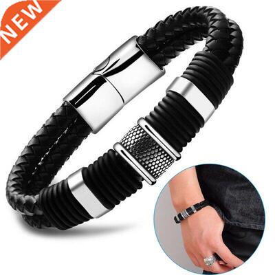 Gentleman Leather Titanium Steel Braided Clasp Bangle Bracel