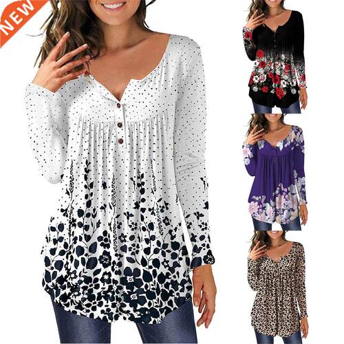 xl Plus Size Floral Printed Tunic Shirts Fashion Round Neck