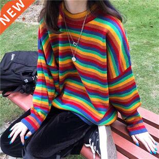 Female Korean Harajuku Hong Kong-flavored Loose Striped Swea