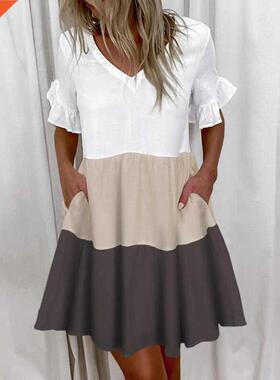 Women Ruffles Mini Dress Summer Fashion Elegant V-Neck Flora