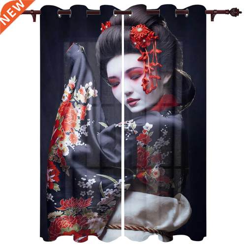 Japanese Woman Red Sakura Kimono Window Curtains for