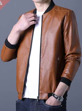 Autumn Stand Collar Solid Leather Jacket Men's Fashion Leath