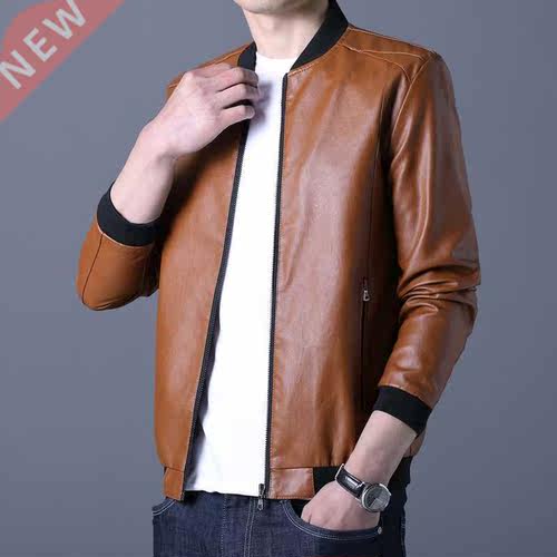 Autumn Stand Collar Solid Leather Jacket Men's Fashion Leath