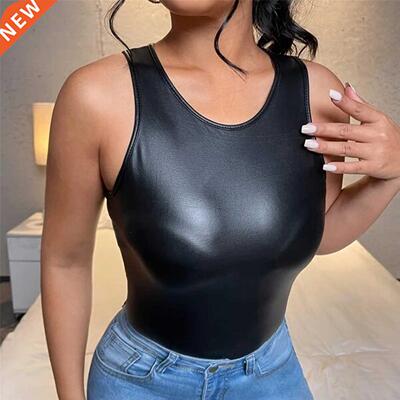 Leather Crop Tops Womens Strappy Tank Tops Vest Ladies Sleev