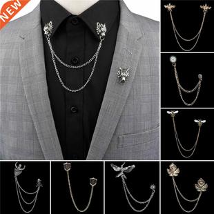 Man Suit Shirt Collar Tassel Chain Lapel Pin Brooch Dragon B