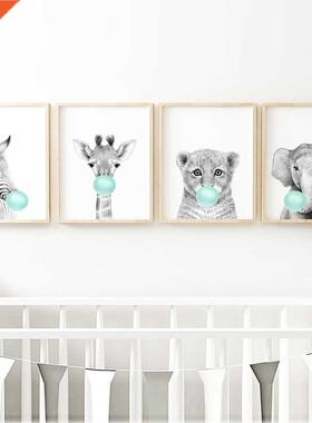 Teal Bubble Elephant Giraffe Child Poster Animal Wall Art B