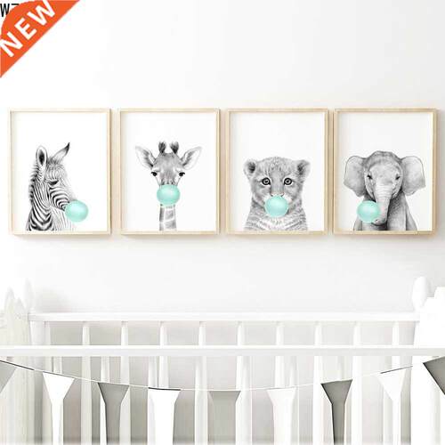 Teal Bubble Elephant Giraffe Child Poster Animal Wall Art B