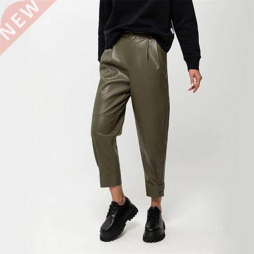 Casual Solid Color Real Pocket Loose Pu Leather Pants Office