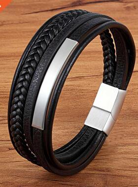 Multi-layer Hand-woven Gold Steel Black Men's Leather Stainl