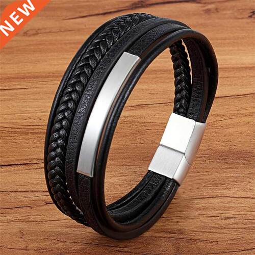 Multi-layer Hand-woven Gold Steel Black Men's Leather Stainl