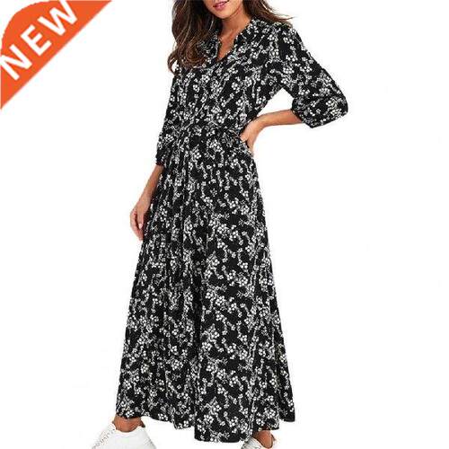 Party Women Maxi Dress Turn Down Collar Floral Print Belt