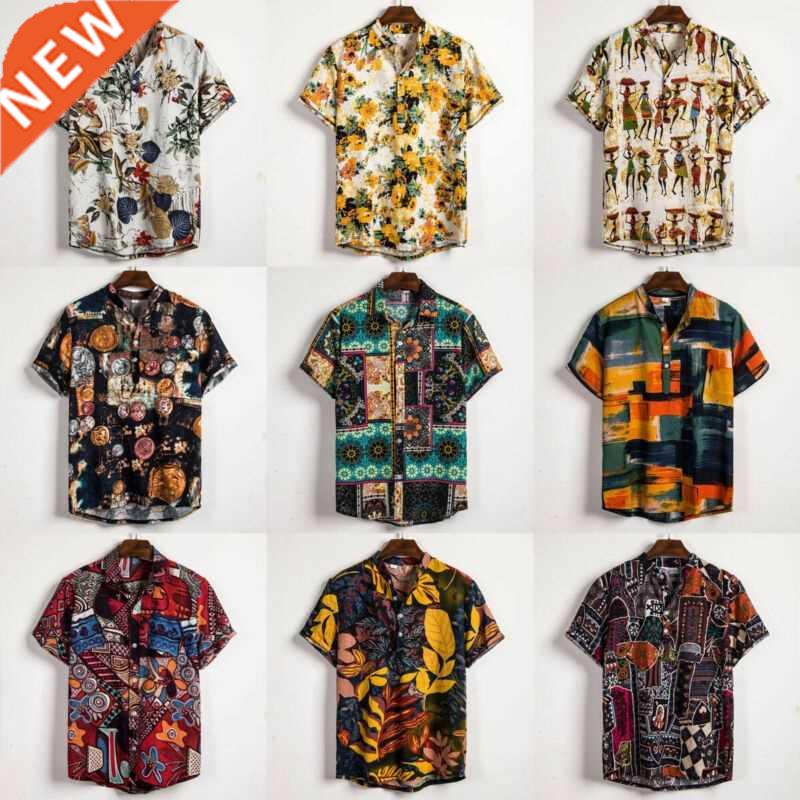 Linen Short Sleeve Shirt Men Summer Floral Loose Baggy Casua