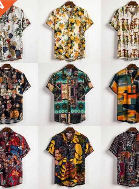 Linen Short Sleeve Shirt Men Summer Floral Loose Baggy Casua