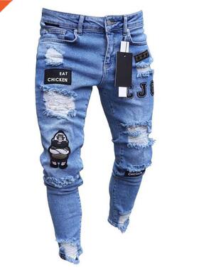 3 Styles Men Stretchy Ripped Skinny Biker Embroidery Print J