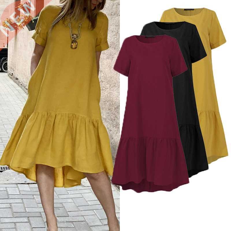 Women Dress Holiday Summer ZANZEA Short Sleeve Sundress Soli图片