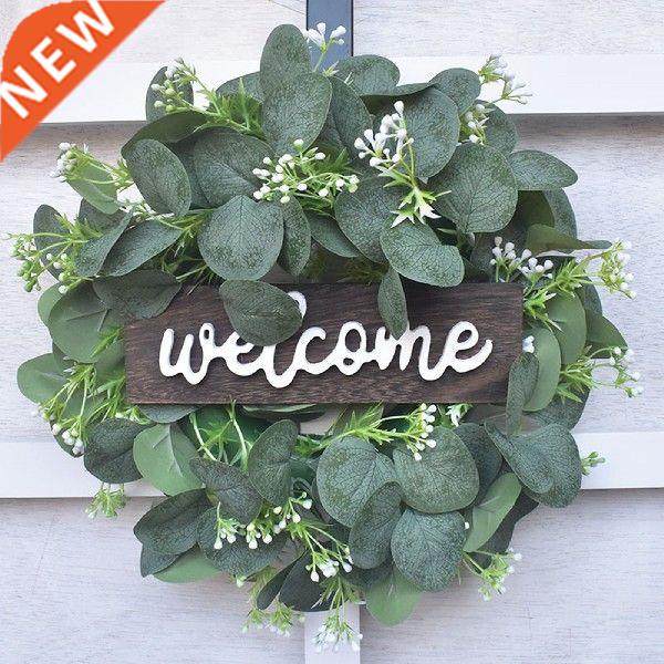 wooden welcome sign hanging wreath for front door