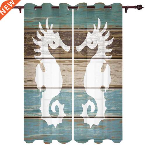 Seahorse Wood Grain Background Window Curtains for Bedroom