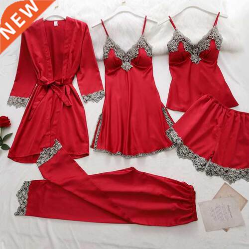 5PC Silk Robe Sleep Suit Womens Lace Satin Pajamas Gown Set