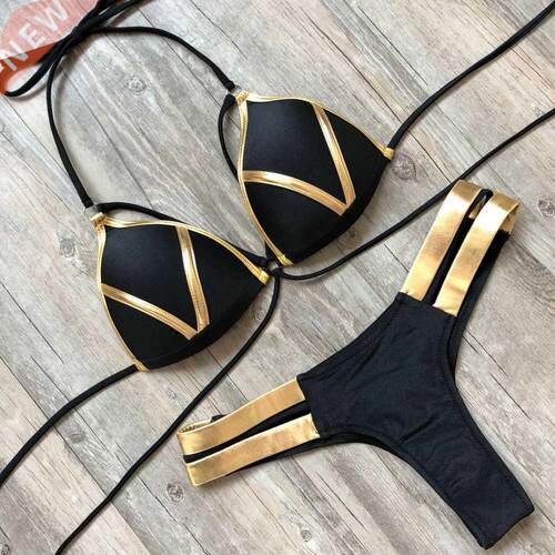 Summer Hot Women Bandage Patchwork Bikini Set Swimwear Push-