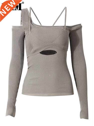 [EAM] Hollow Out Gray Knitting Sweater Loose Fit Slash Neck