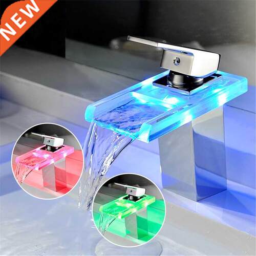 LED Basin Faucet Brass Waterfall Temperature Colors Change B