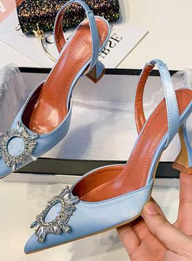 Big Size 41 42 Blue Women Pumps Silk Satin Pointy Toe Rhines