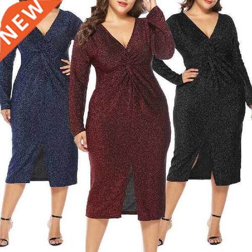 Hot apparel Dress Elegant Women Solid Color Long Sleeve V