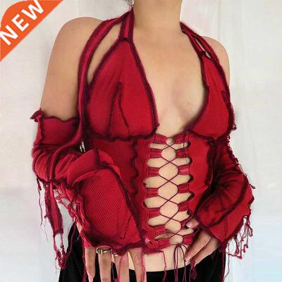 2020 Backless Halter Ribbed Tie Front Top Women Long Sleeve