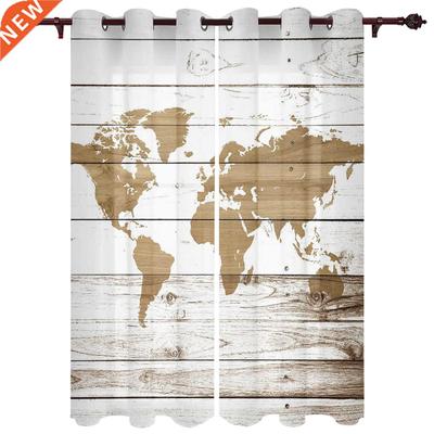 Vintage Wooden Texture World Map Window Curtains for