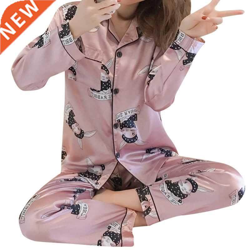 2021 Silk Satin Pajamas Set Woman Printed Long Sleeve Sleepw