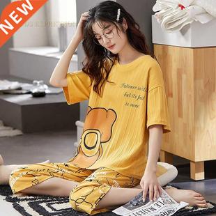 Summer Knitted Cotton Cartoon Pajamas Sets Women Pyjamas Sle