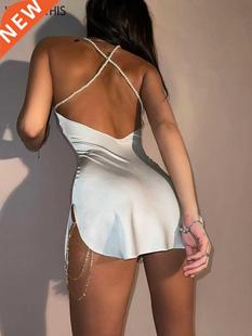 WannaThis Silk Strap Mini Dresses Backless Solid Color Criss