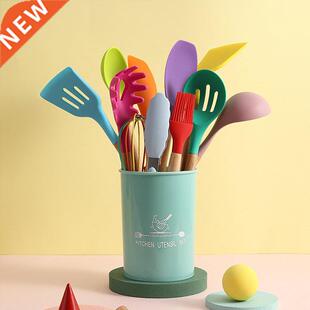 12 Pcs/Set Color Silicone Kitchen Kitchenware Set Wooden