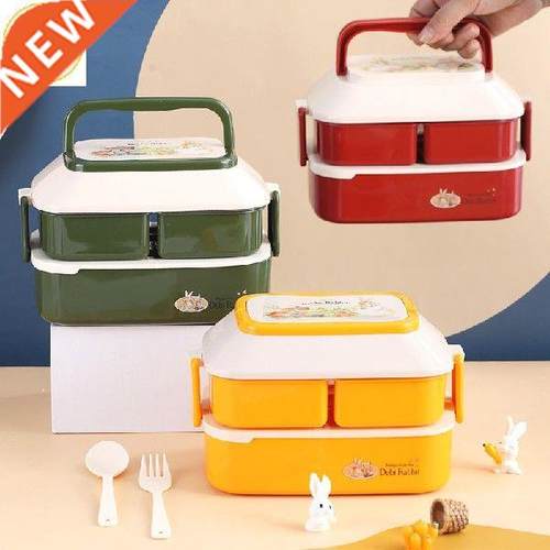 1.5L Plastic Double Layer Lunch Box with Spoon Fork Can
