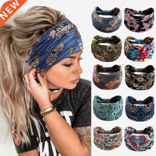 New oho Flower Print Wide Headands Vintage Knot Elastic Tu