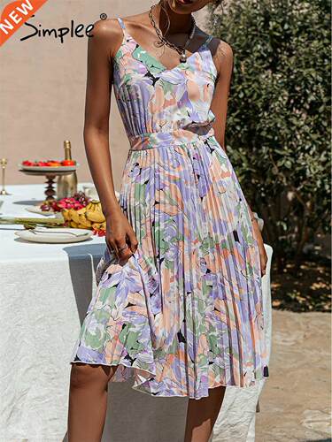 Simplee V-neck holiday pleated print summer dress women Spag