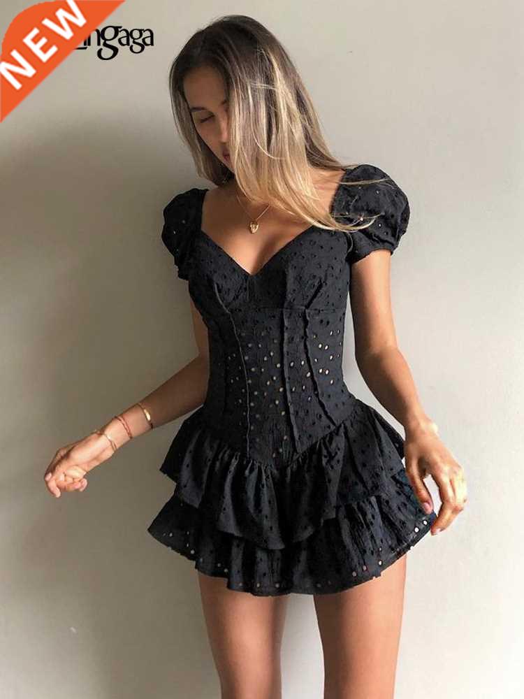 Darlingaga Fashion V Neck Ruffles Pleated Dress Women Puff S