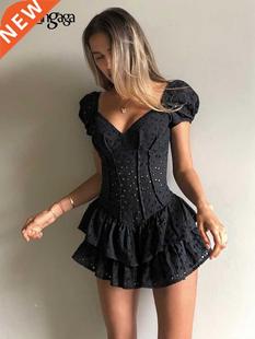 Darlingaga Fashion V Neck Ruffles Pleated Dress Women Puff S