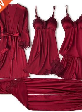 Pajama Set Women Lace Trim Satin Sleepwear Pyjamas Pour Femm