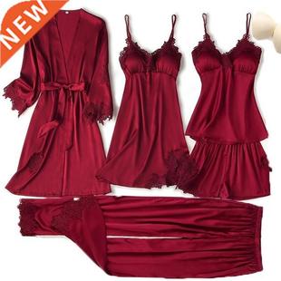 Pajama Set Women Lace Trim Satin Sleepwear Pyjamas Pour Femm