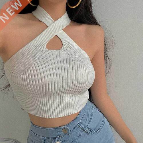 Women Halter s Female Knitted Off Shoulder Crop s Cros