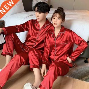 Solid Color Sleepwear Silk Satin Pajamas Couple Set Long But