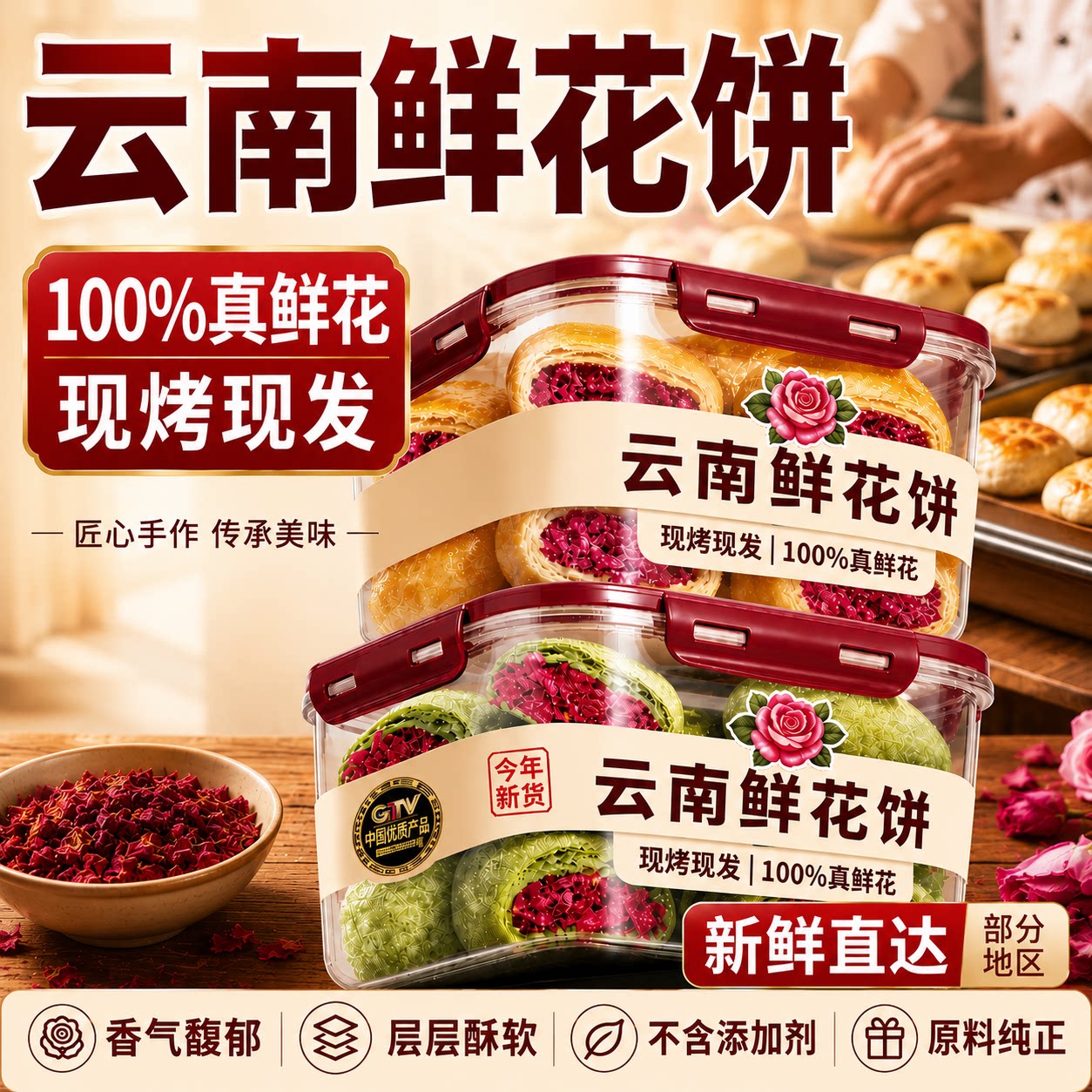 鲜花饼云南特产官方旗舰店正品中秋节团圆月饼中式糕点代餐玫瑰饼