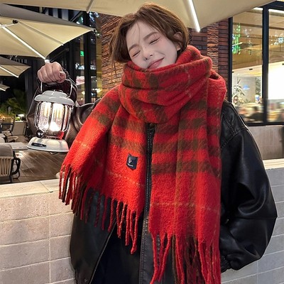 高级感红色格子韩版百搭保暖围巾
