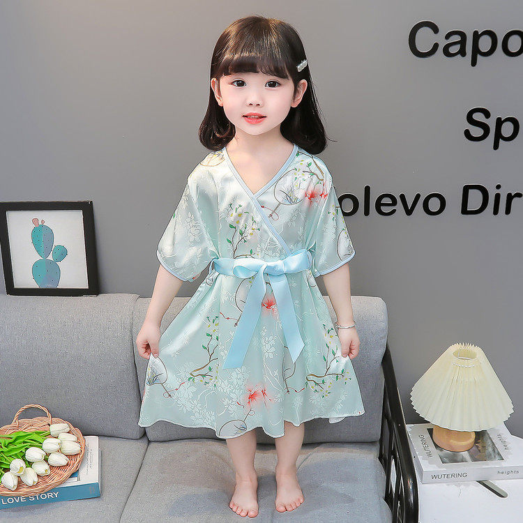 女童冰丝绸中国风睡裙夏装宝宝幼童公主睡袍女孩古风系带睡衣春秋