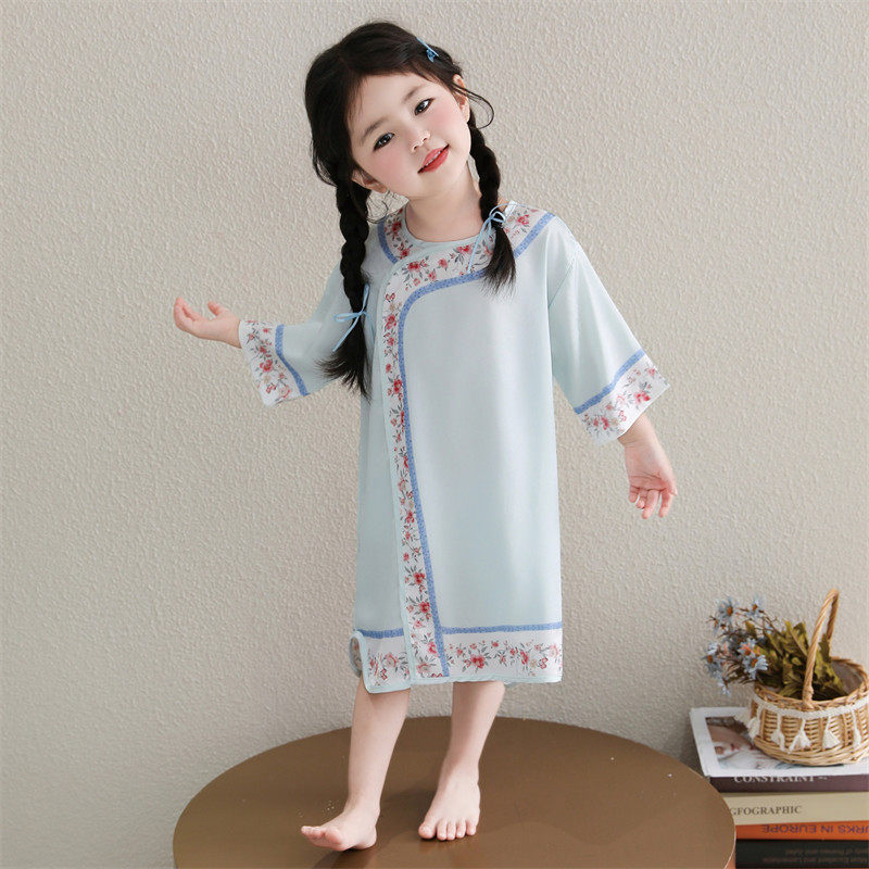 女童冰丝绸睡裙中国风1岁3幼童宝宝7分袖古风睡衣儿童A类睡袍夏款